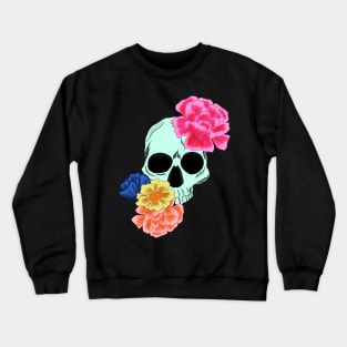 Light Green Skull with Neon Pink yellow orange and blue flowers Crewneck Sweatshirt